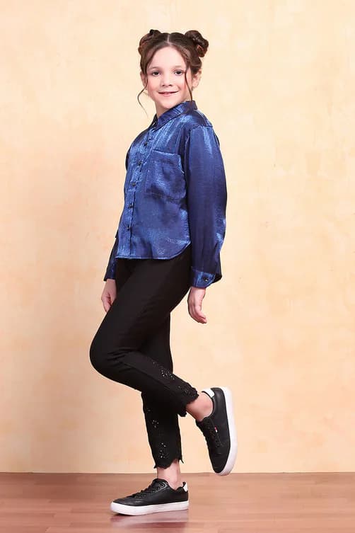 Girls Blue Viscose Blend Shirt Set