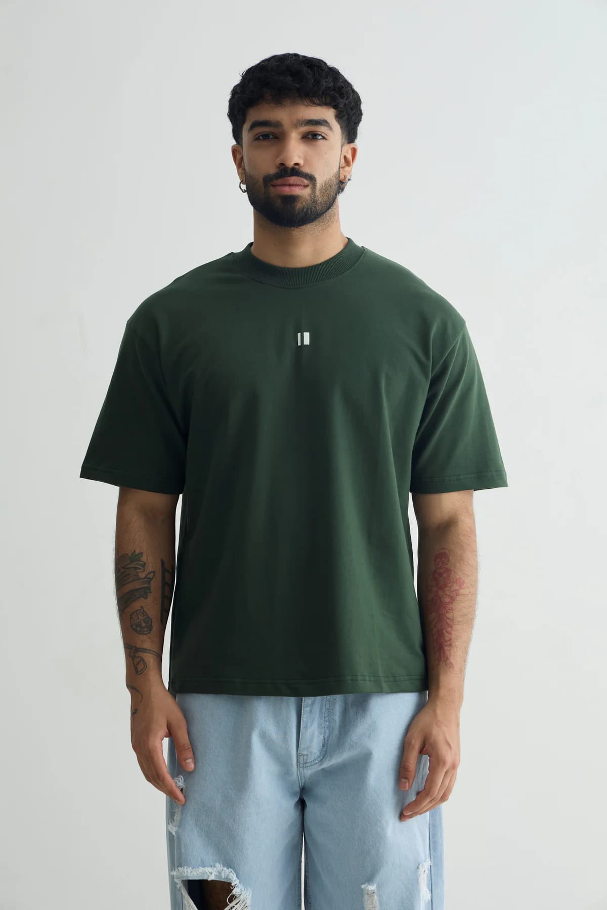 Unisex Green Casual Solid Round Neck Oversized Fit Tshirt