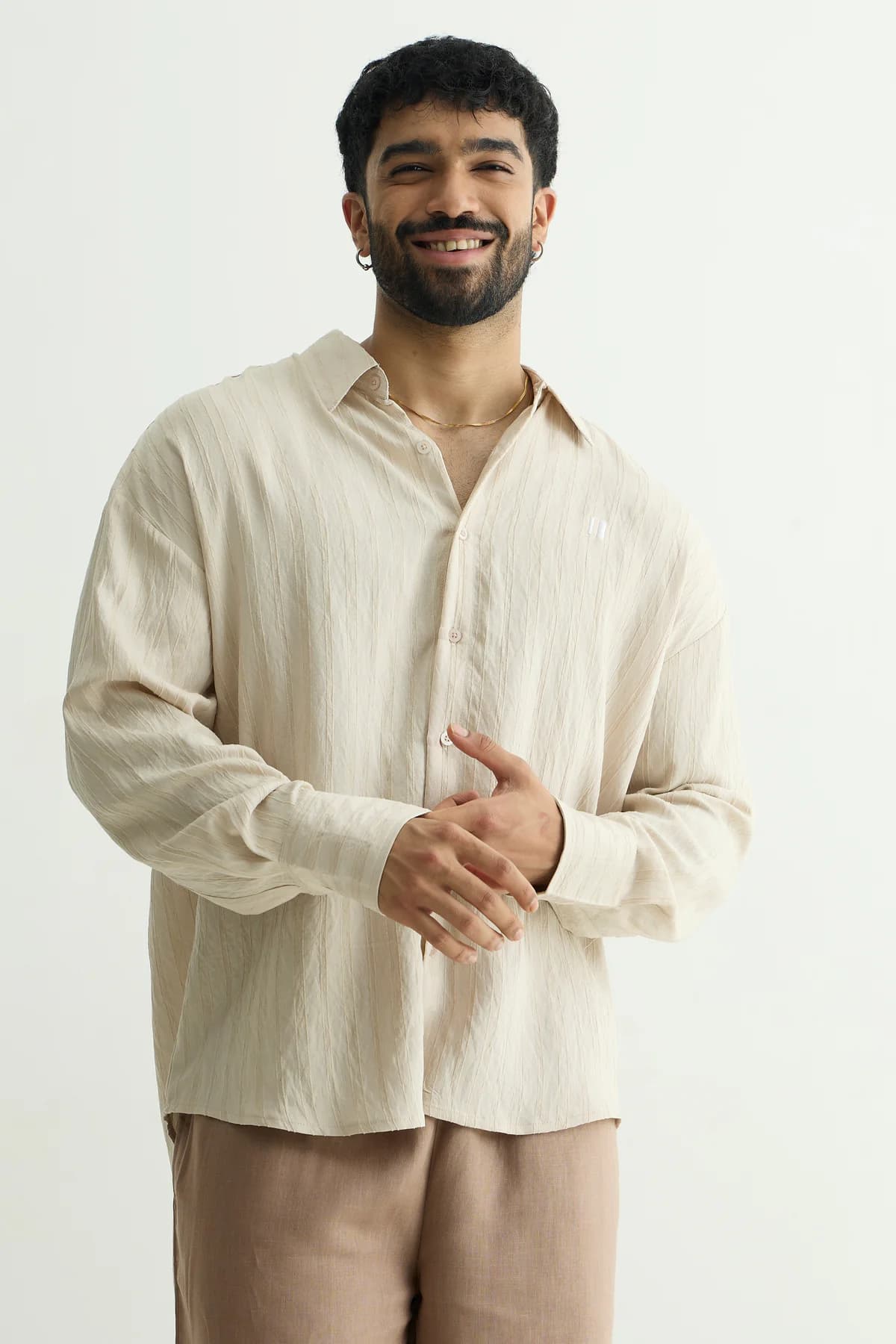Unisex Beige Casual Striped Spread Collar Oversized Fit Shirt