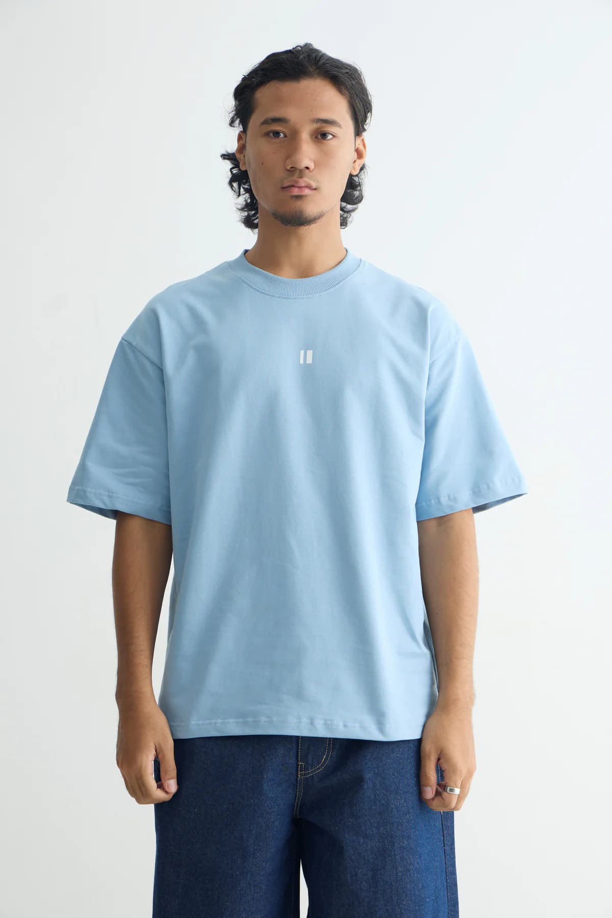 Unisex Blue Casual Solid Round Neck Oversized Fit Tshirt