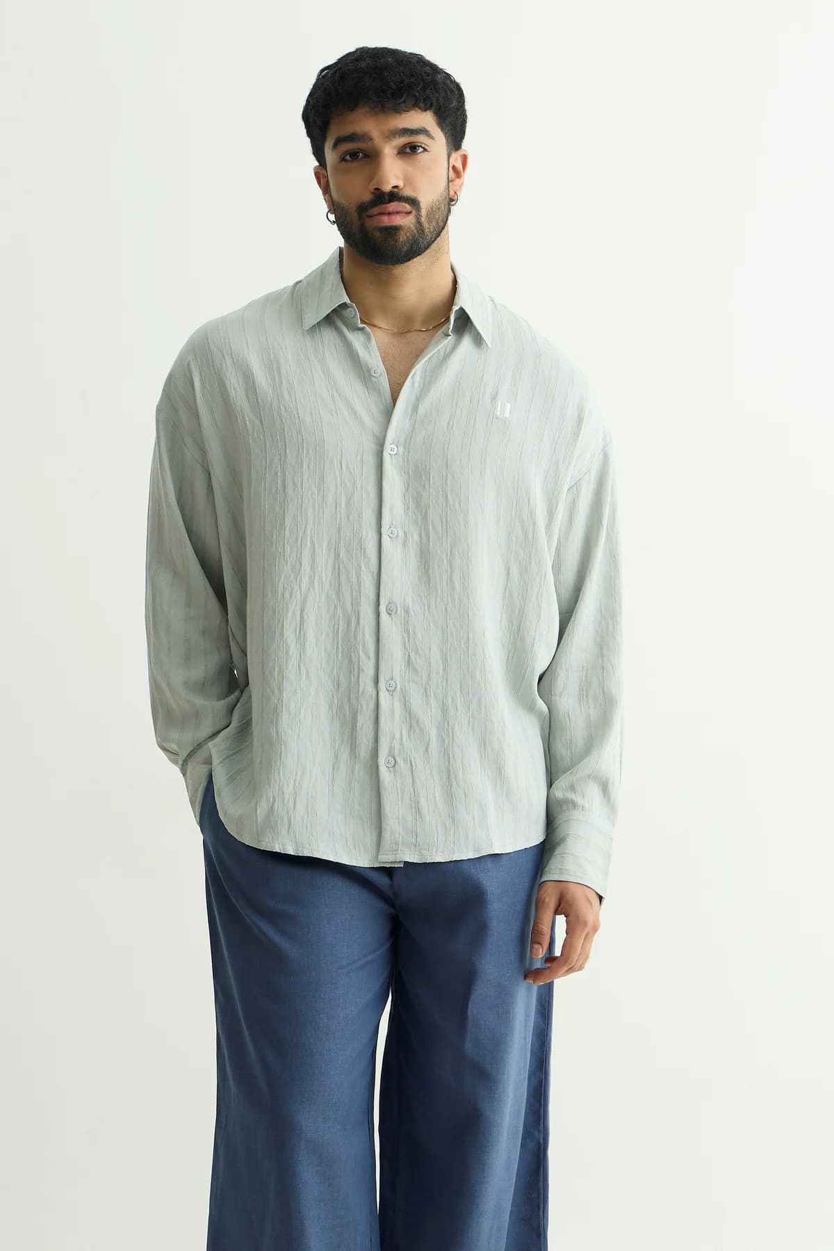 Unisex Green Casual Striped Spread Collar Oversized Fit Shirt