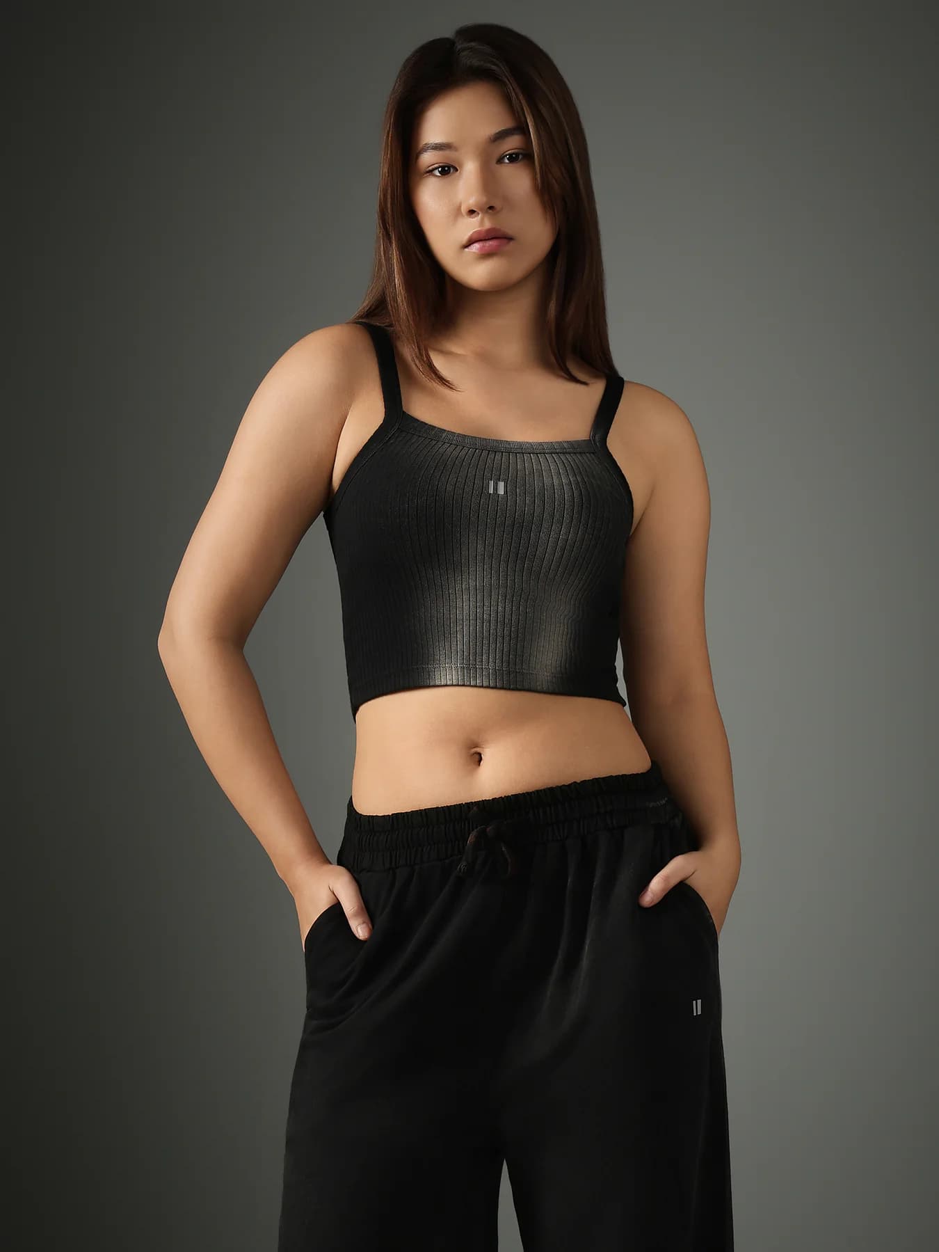 Women Black Casual Textured Square Neck Slim Fit Top