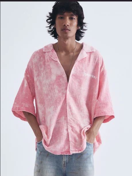Unisex Pink Casual Printed Spread Collar Oversized Fit Shirt