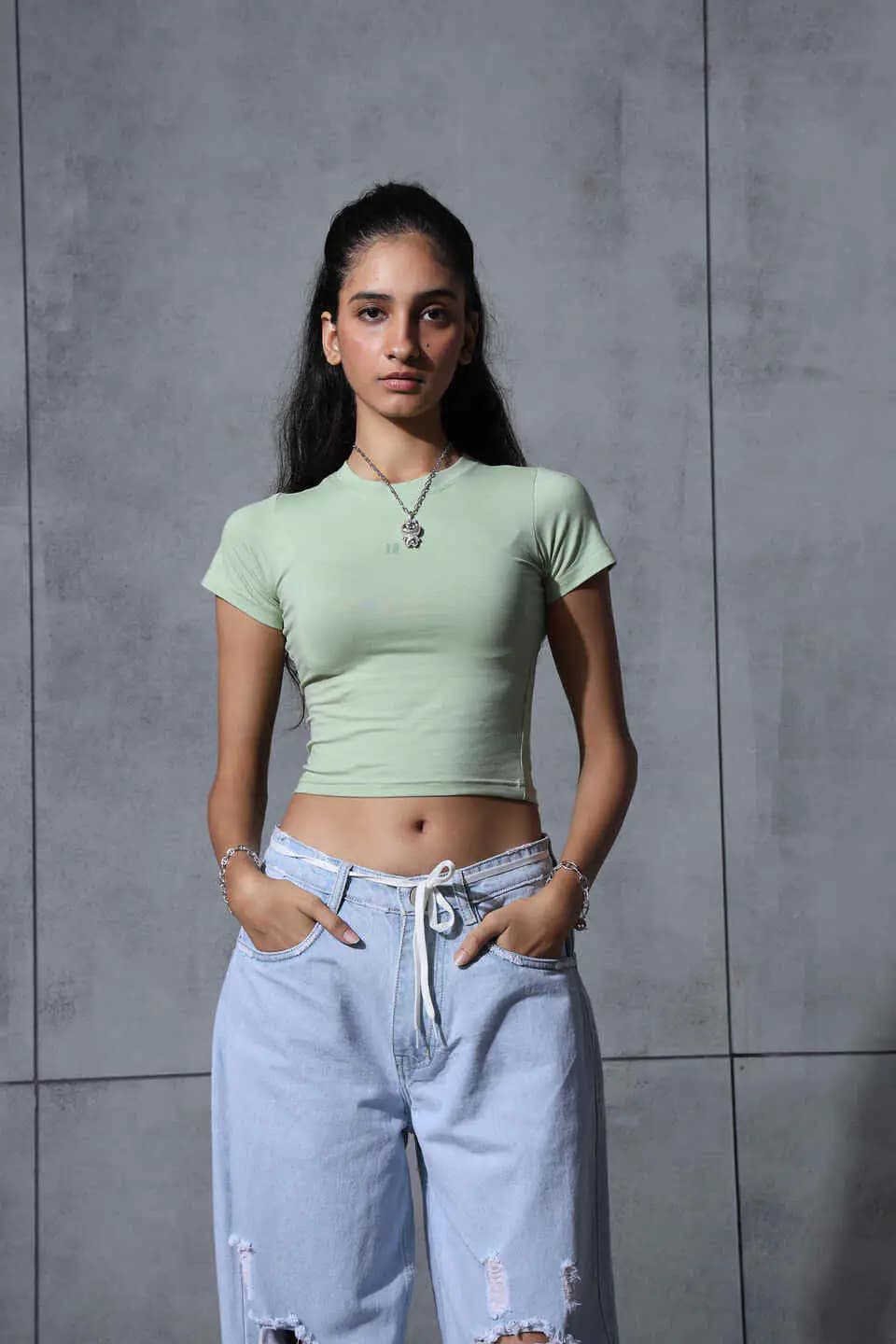 Women Green Casual Solid Round Neck Slim Fit Top