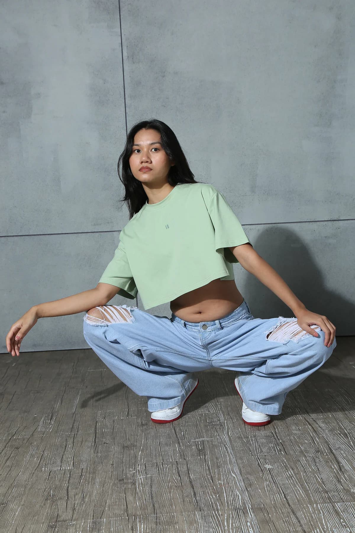 Women Green Casual Solid Round Neck Oversized Fit Top