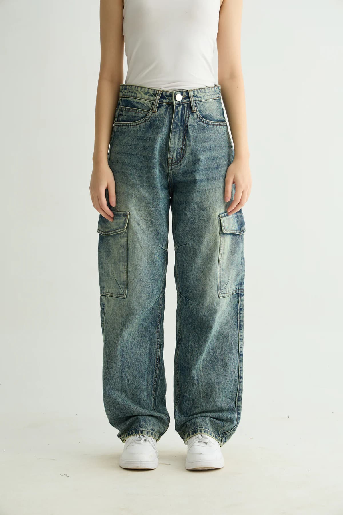 Unisex Blue Casual Solid Faded Baggy Fit Jeans