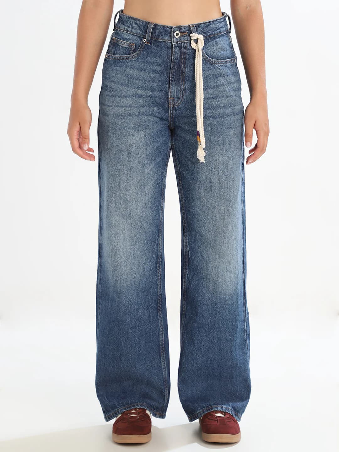 Women's Blue Casual High Rise Wide Leg Faded Jeans