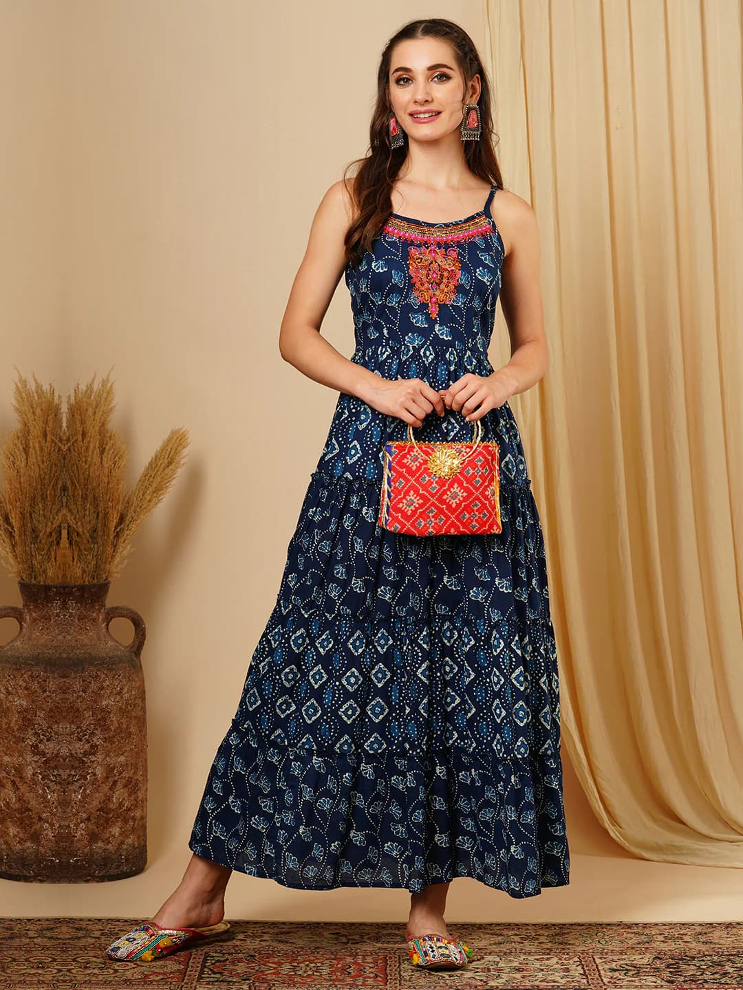 Women's Blue Casual Printed Square Neck A-Line Dress
