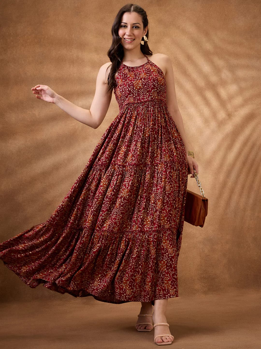 Women's Red Casual Floral Halter Neck Fit & Flared Dress