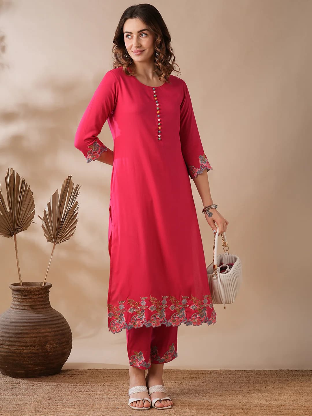 Women's Pink Work Thread Work Regular Fit Shift Kurta and Solid Trouser