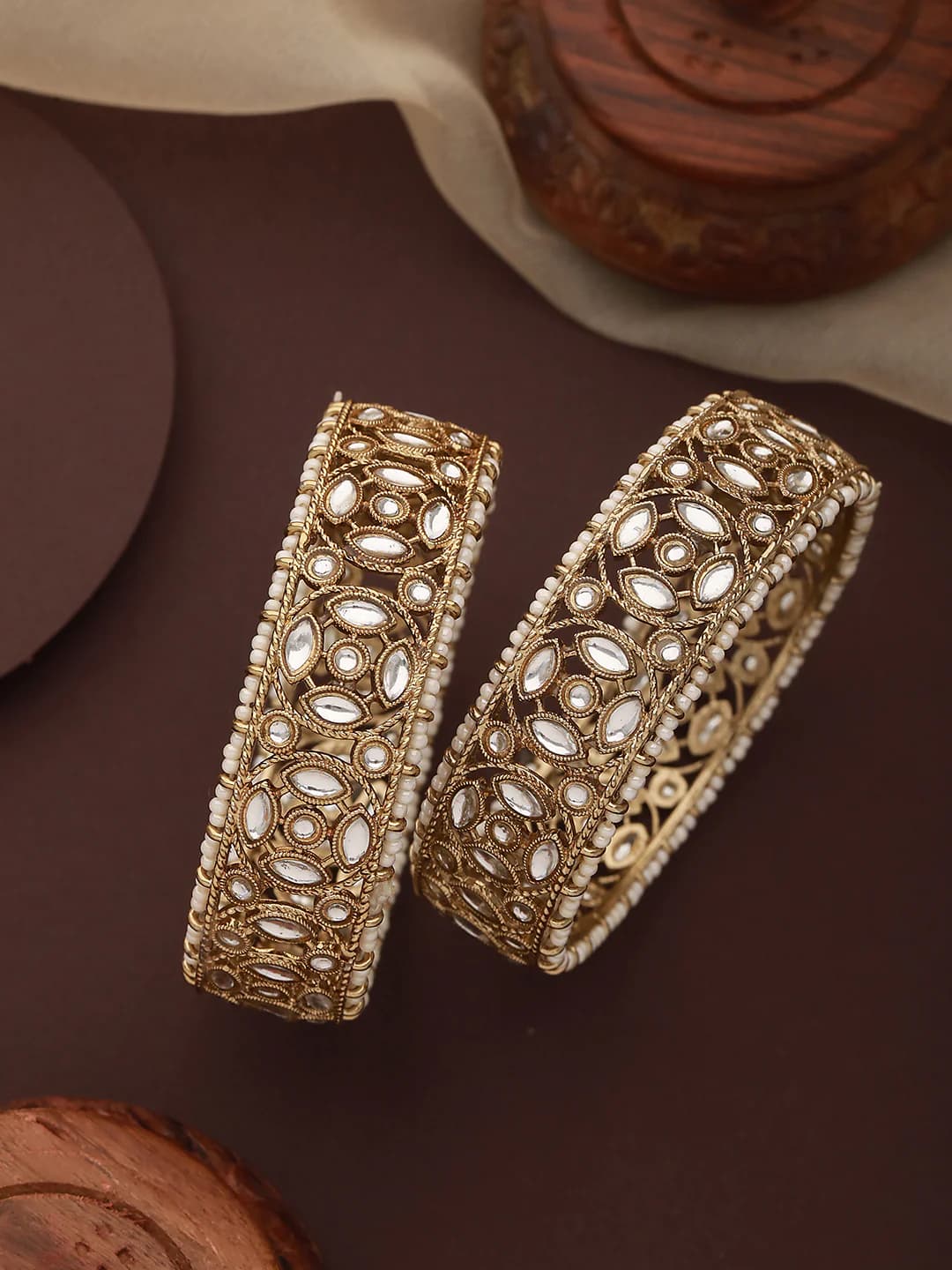 Women's Gold-Plated Kundan-Studded and Pearl-Beaded Bangles - Set of 2