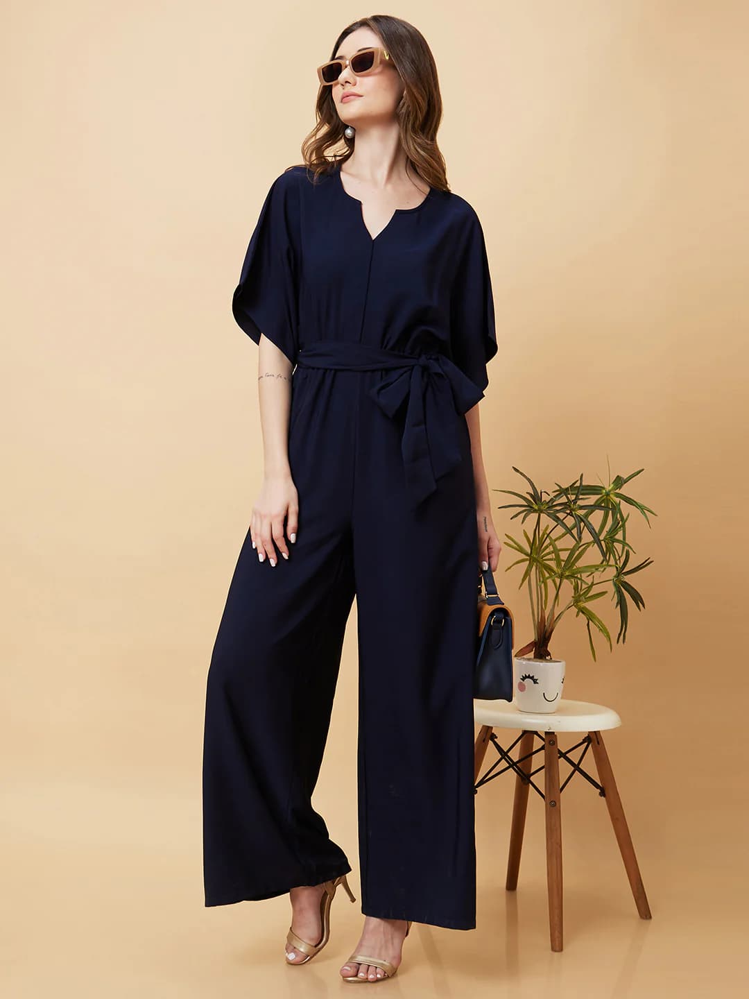 Women's Navy Casual Regular Fit Solid Half Sleeves Jumpsuit