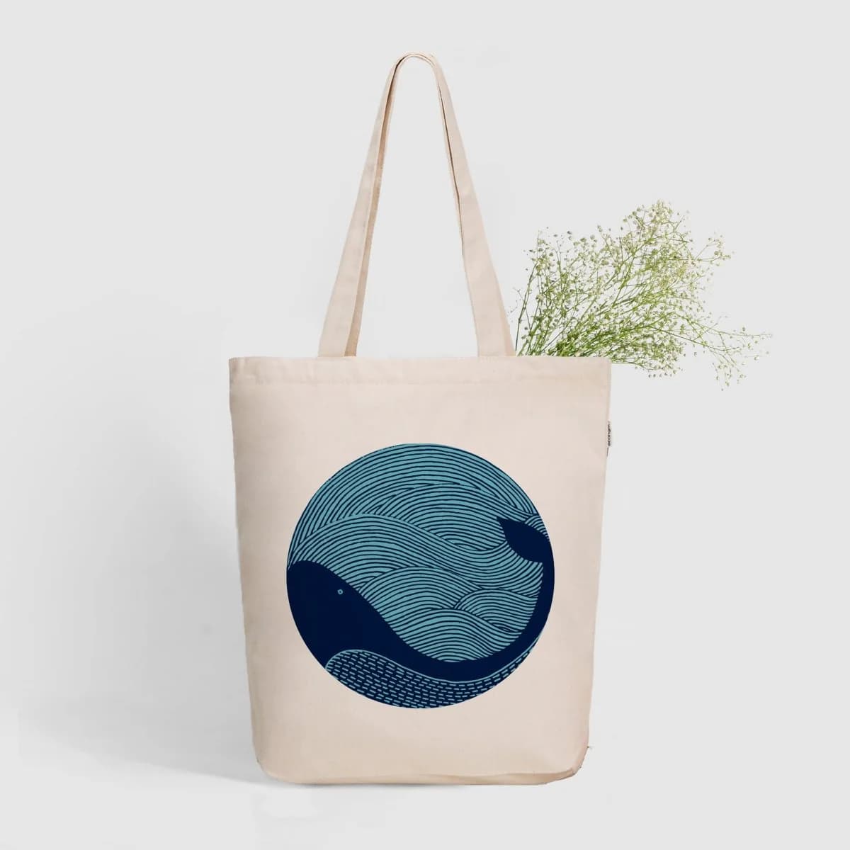Women's Cream Casual Printed Whale Doodle Zipper Tote Bag