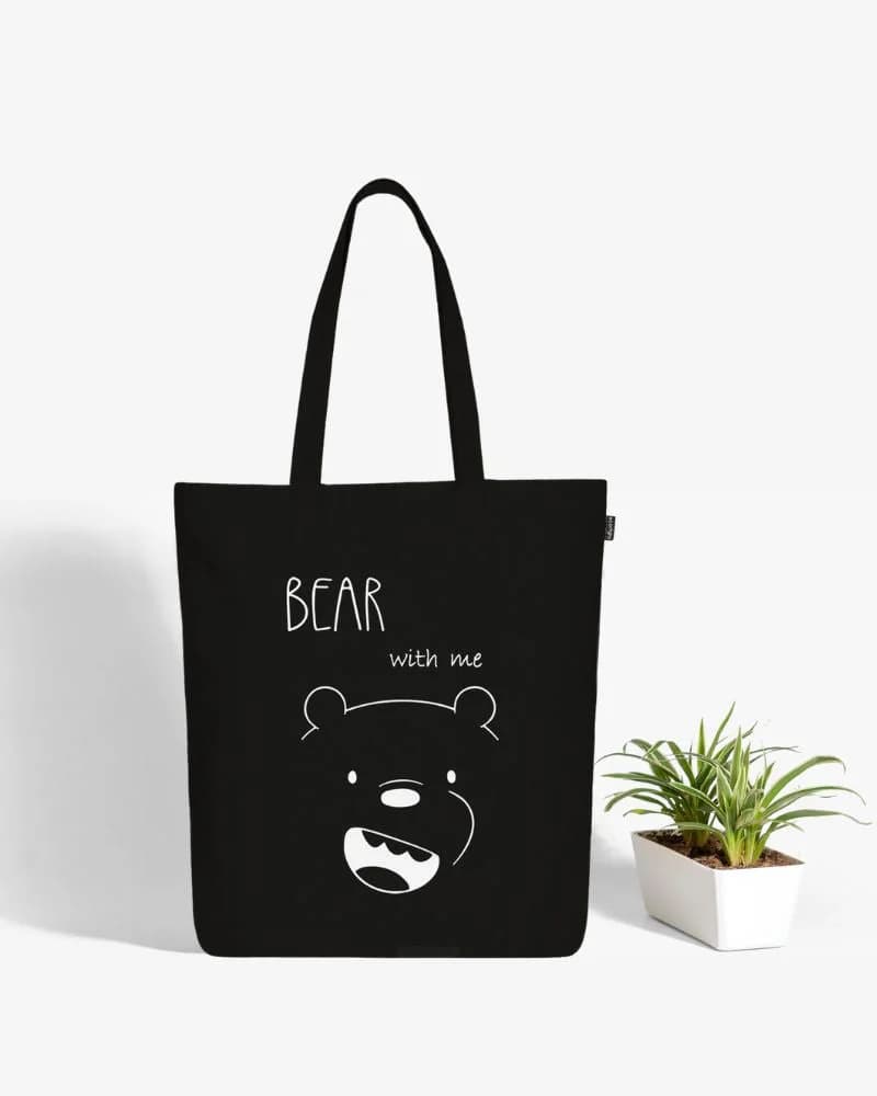 Women's Black Casual Printed Bear With Me Zipper Tote Bag