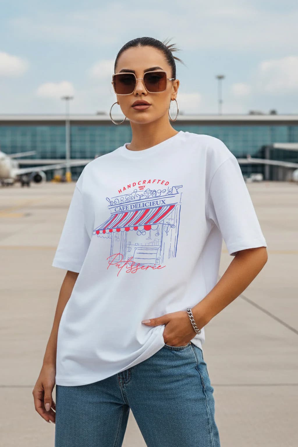 Women's White Casual Printed Oversized Fit Tshirt