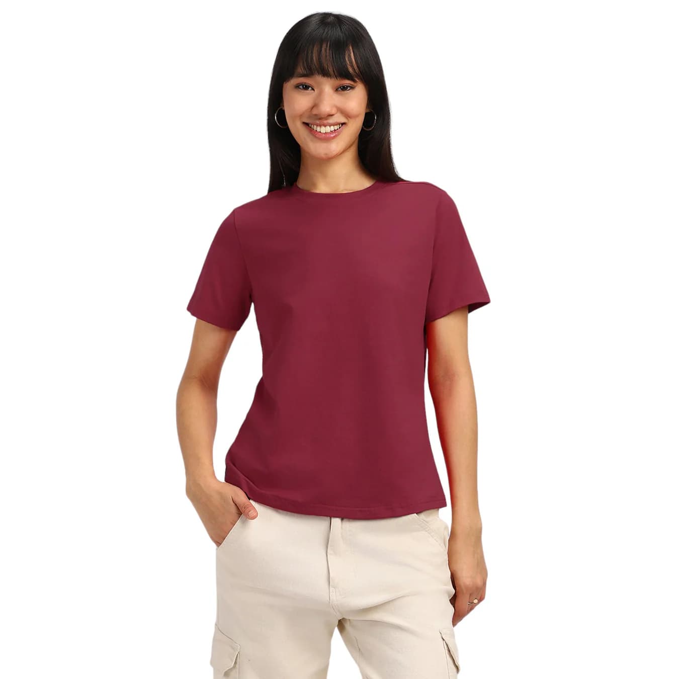 Women's Red Casual Solid Regular Fit Tshirt
