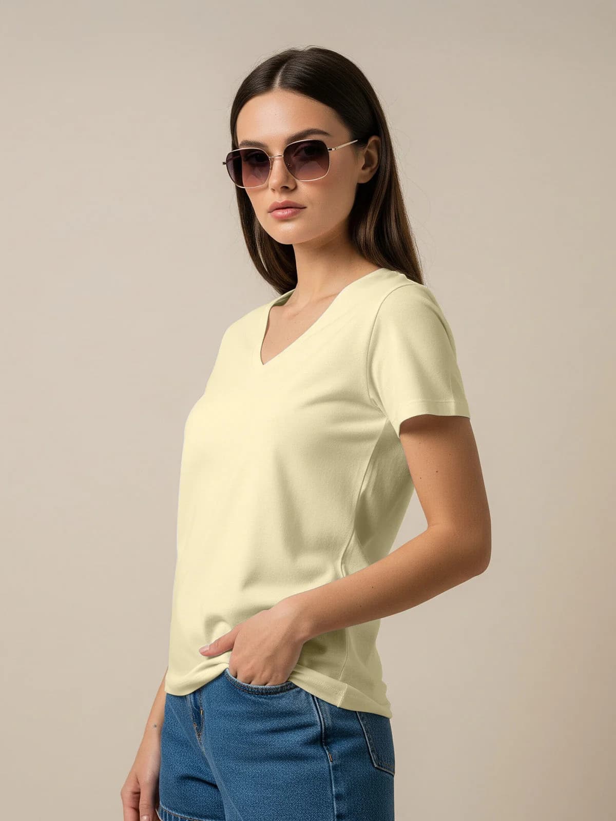 Women's Yellow Casual Solid Regular Fit Tshirt