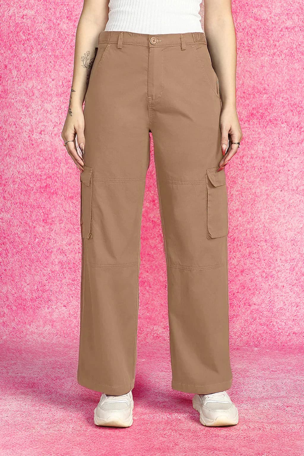 Women's Brown Casual Solid Straight Fit Mid Rise Cargo