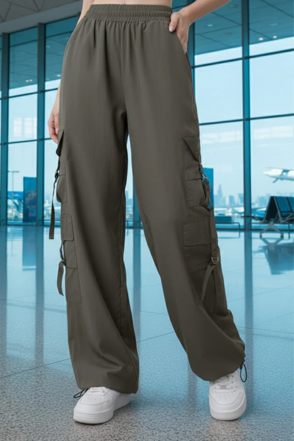 Women's Grey Casual Solid Baggy Fit Mid Rise Cargo