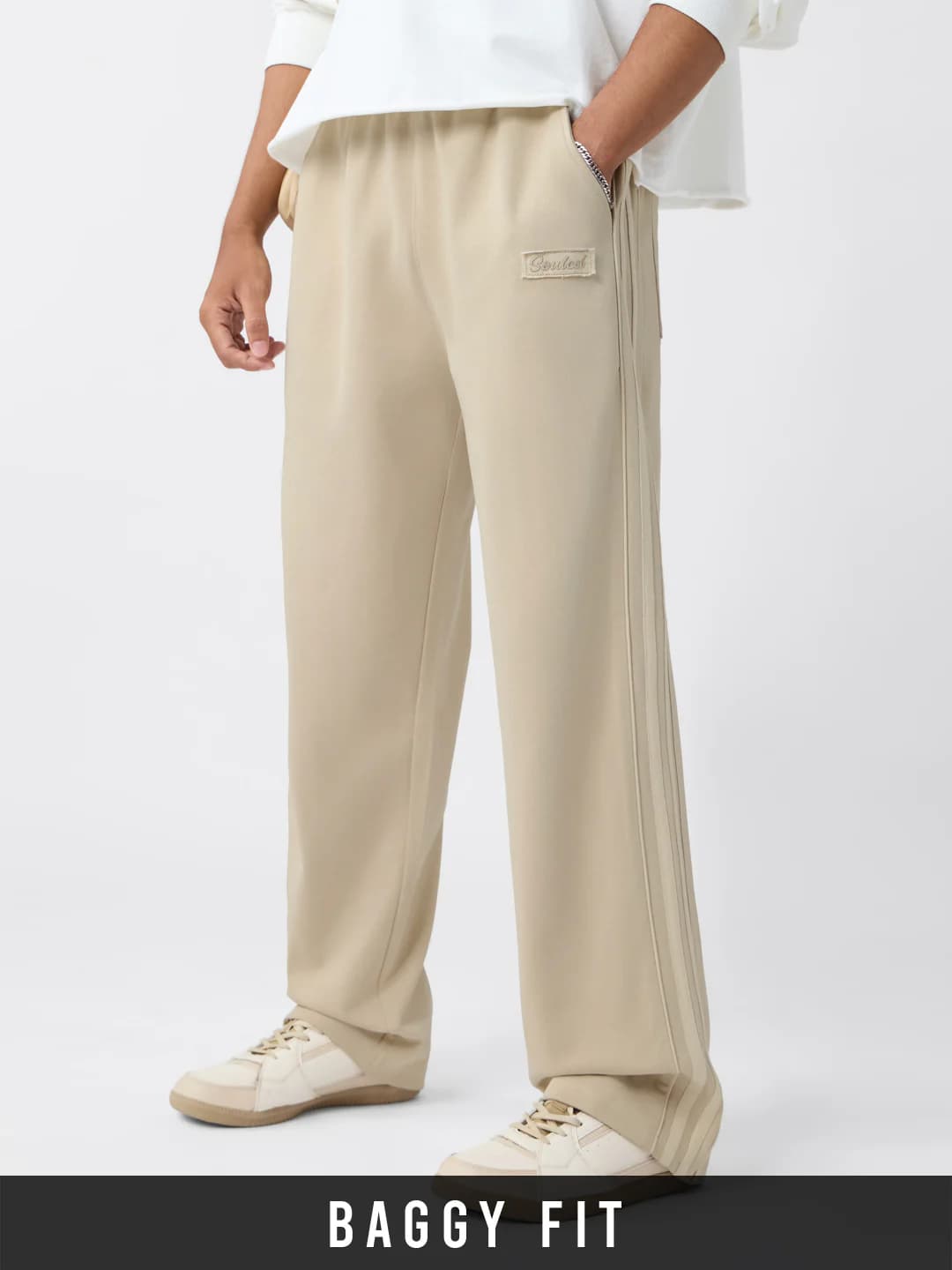 Men Cream Casual Mid Rise Baggy Fit Trackpant