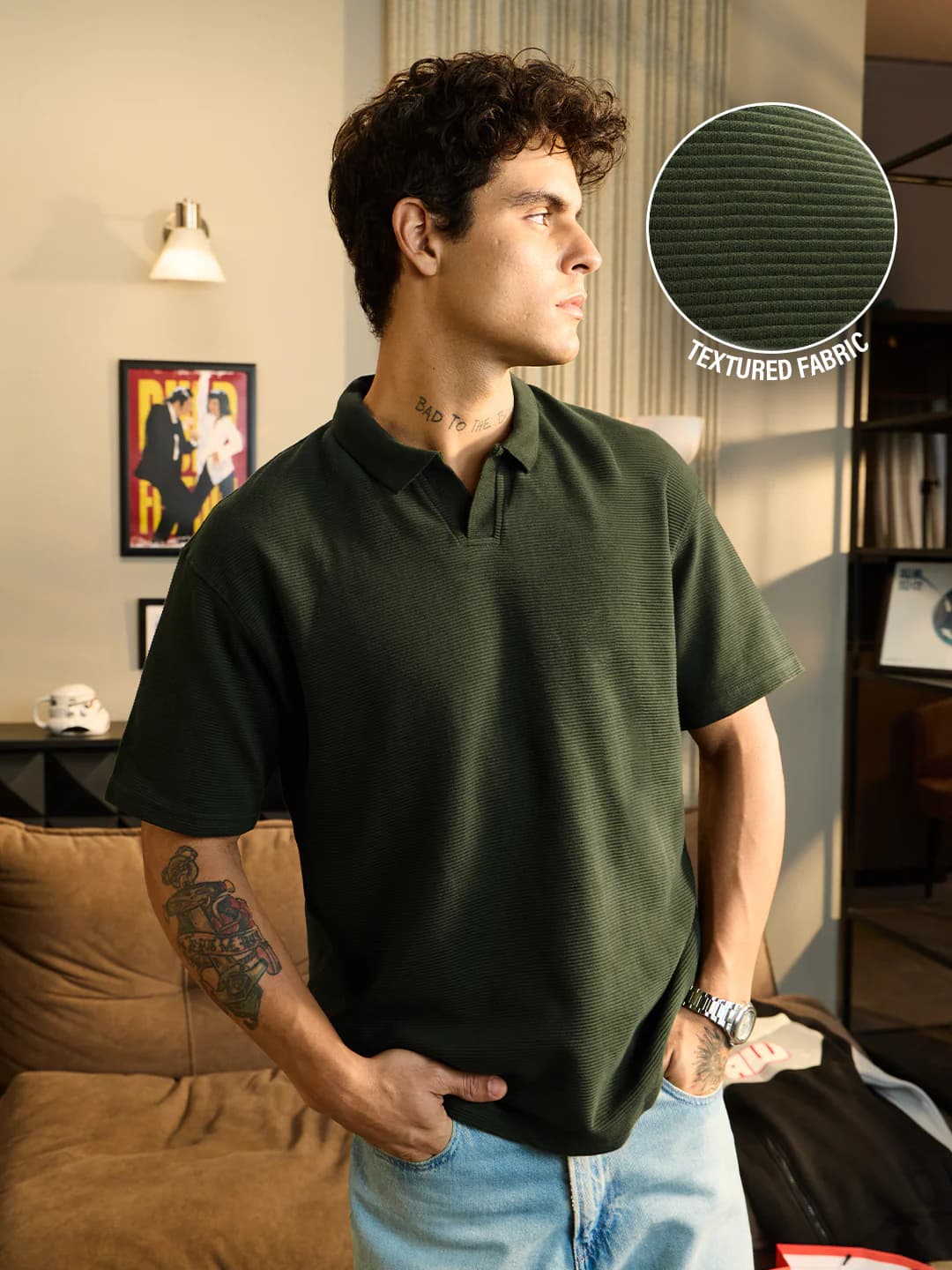 Men's Green Casual Oversized Fit Half Sleeves Polo Tshirt