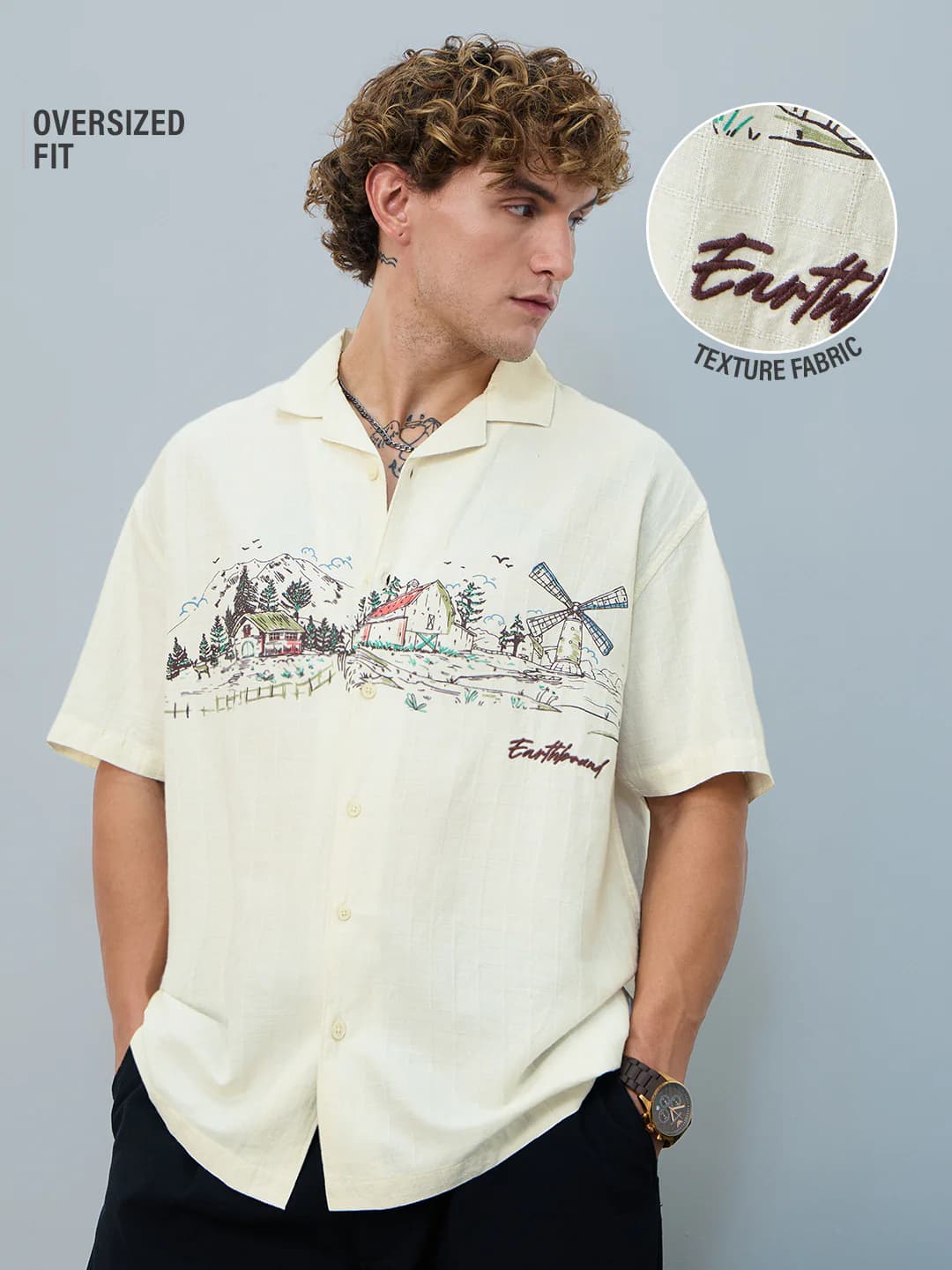 Men's Off White Casual Oversized Fit Half Sleeves Shirt