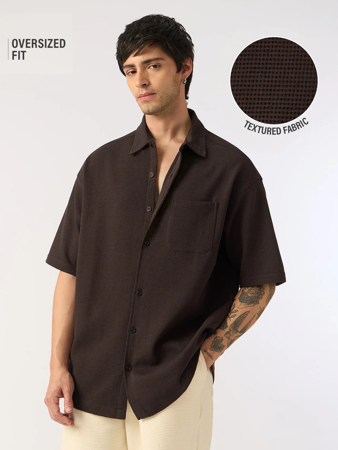 Men's Brown Casual Oversized Fit Half Sleeves Shirt