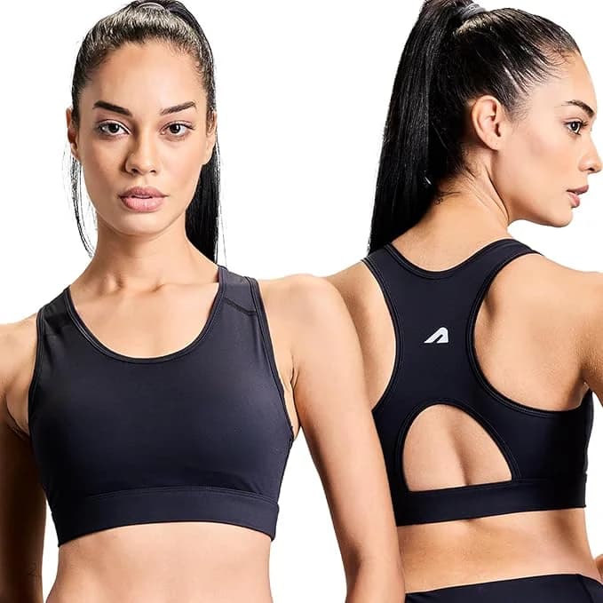 Women's Black Sports Solid Padded Medium Support Gym Bra with Cross Back