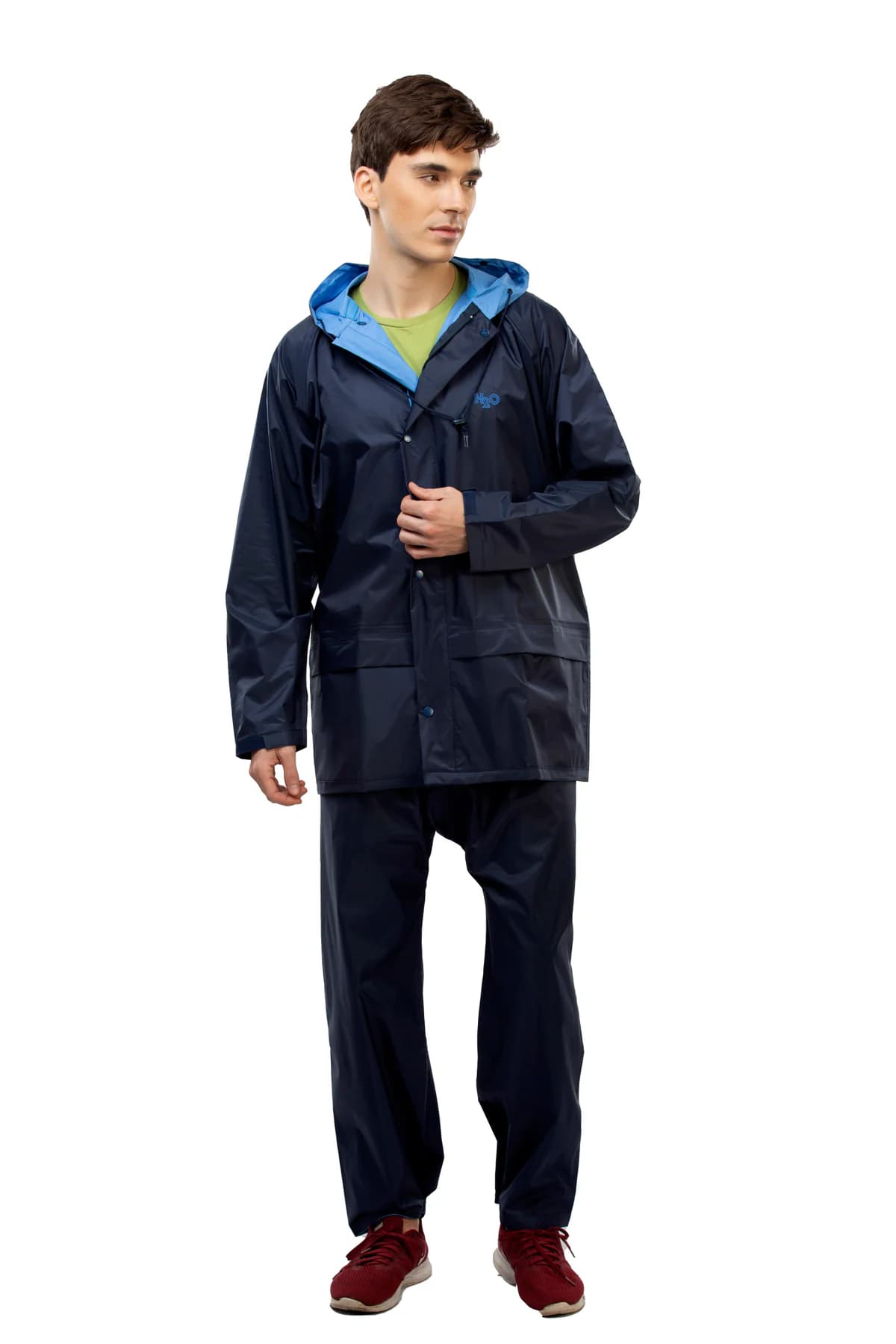 Men's Navy Non Reversible and Non Transparent Full Sleeves Hooded Neck Rainsuit