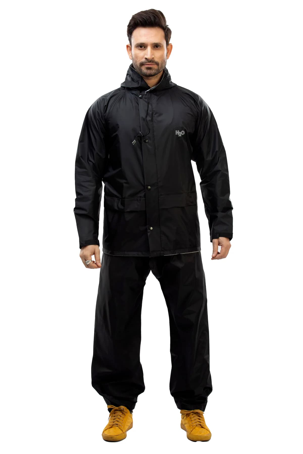 Men's Black Non Reversible and Non Transparent Full Sleeves Hooded Neck Rainsuit