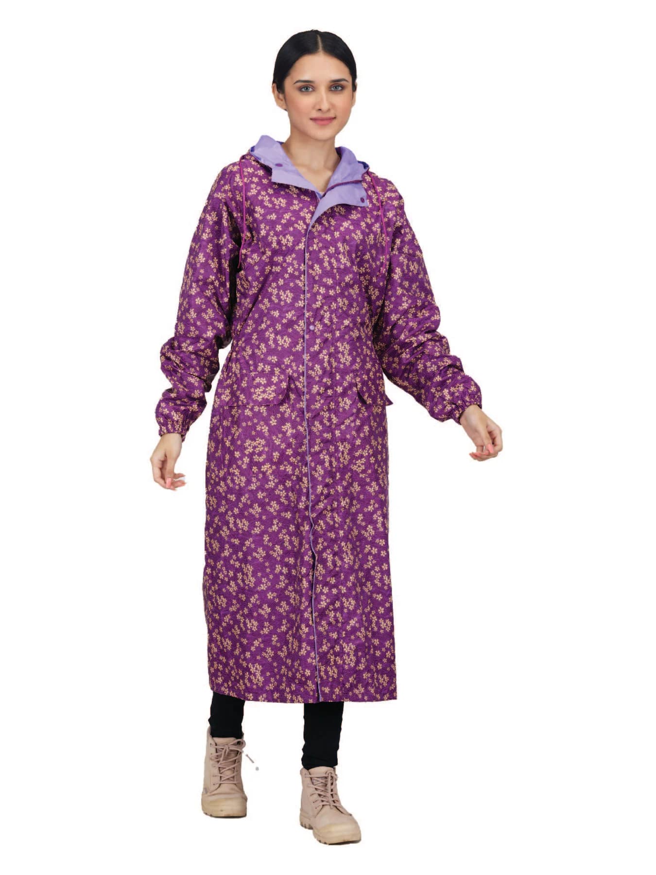 Women's Red Non Reversible and Non Transparent Above Knee Full Sleeves Hooded Neck Printed Rain Jacket