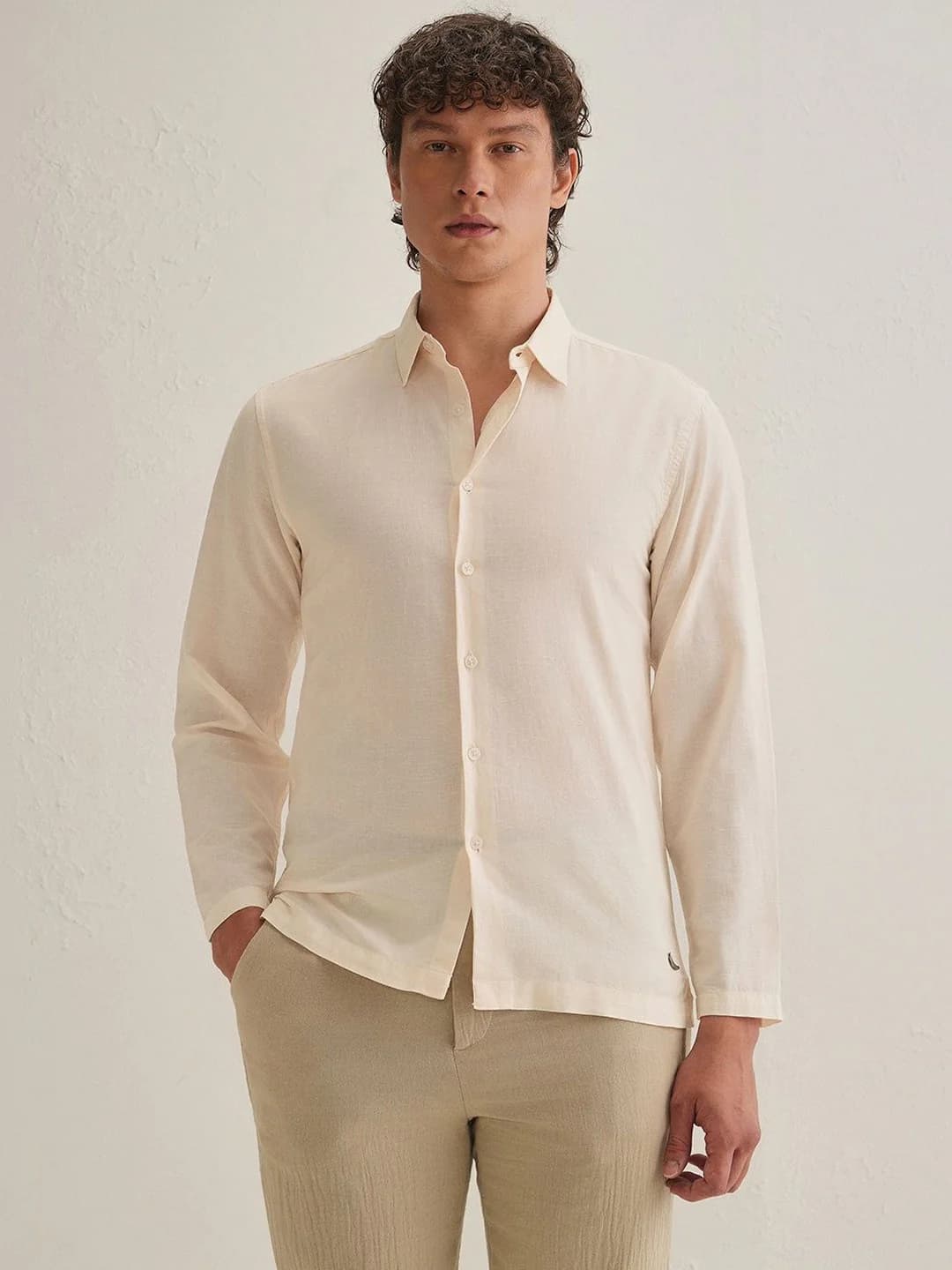 Men's Cream Casual Full Sleeves Regular Fit Linen Shirt