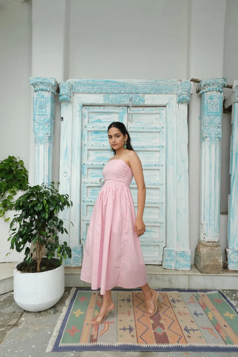 Women's Pink Casual Solid Fit & Flared Dress
