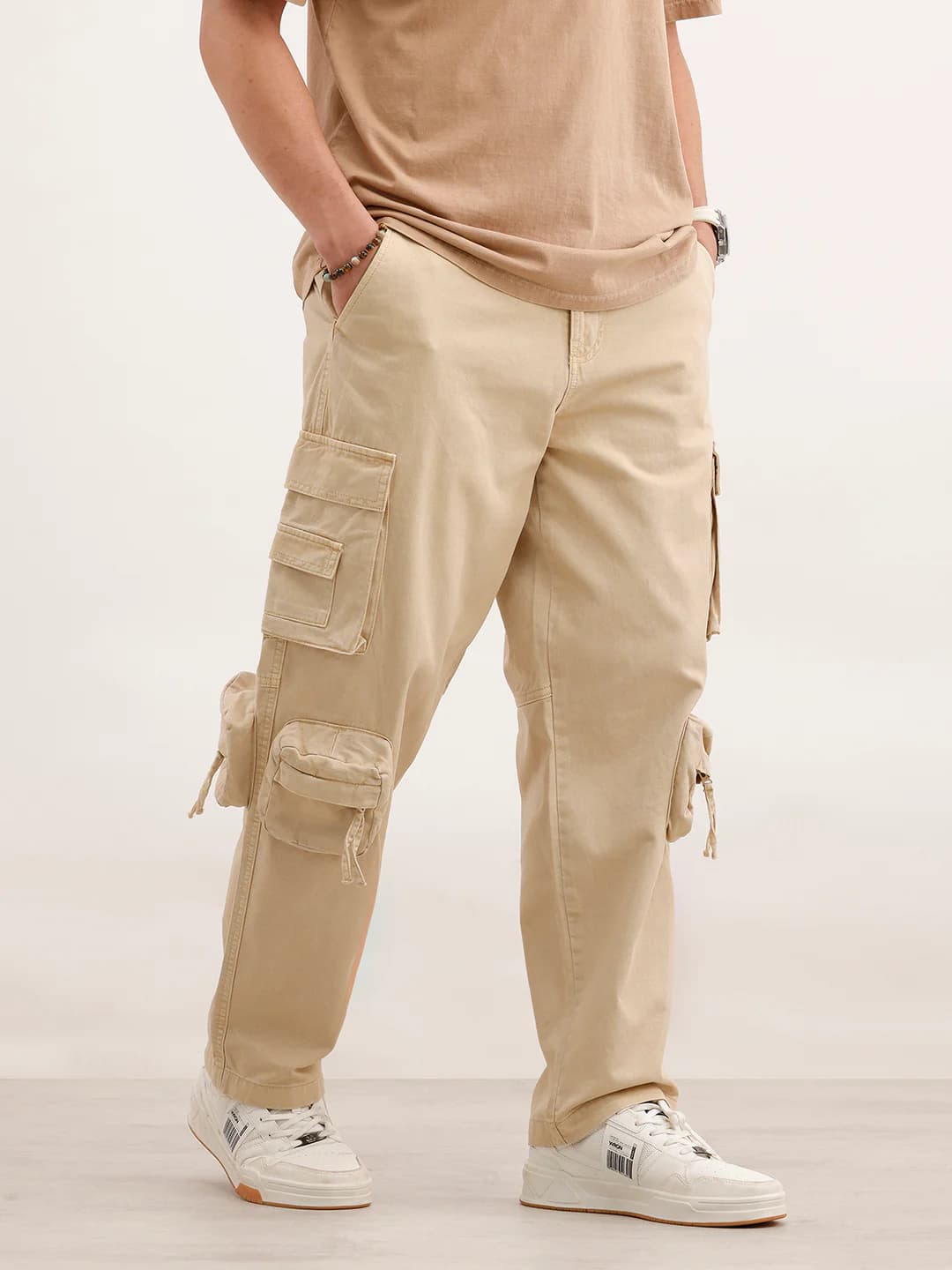 Men's Beige Casual Baggy Fit Cargo Trouser