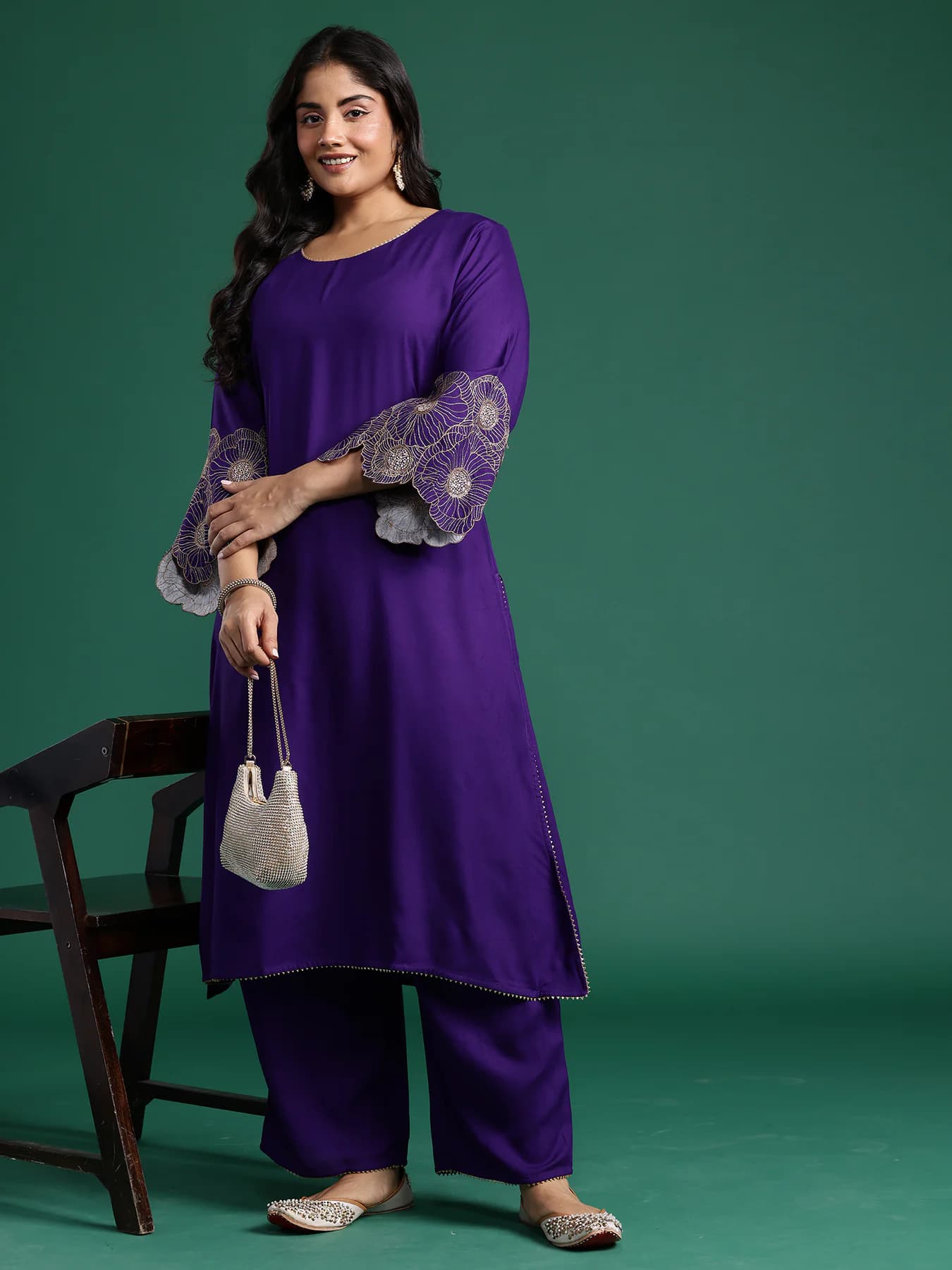 Women's Purple Embroidered A-Line Kurta Trouser Set