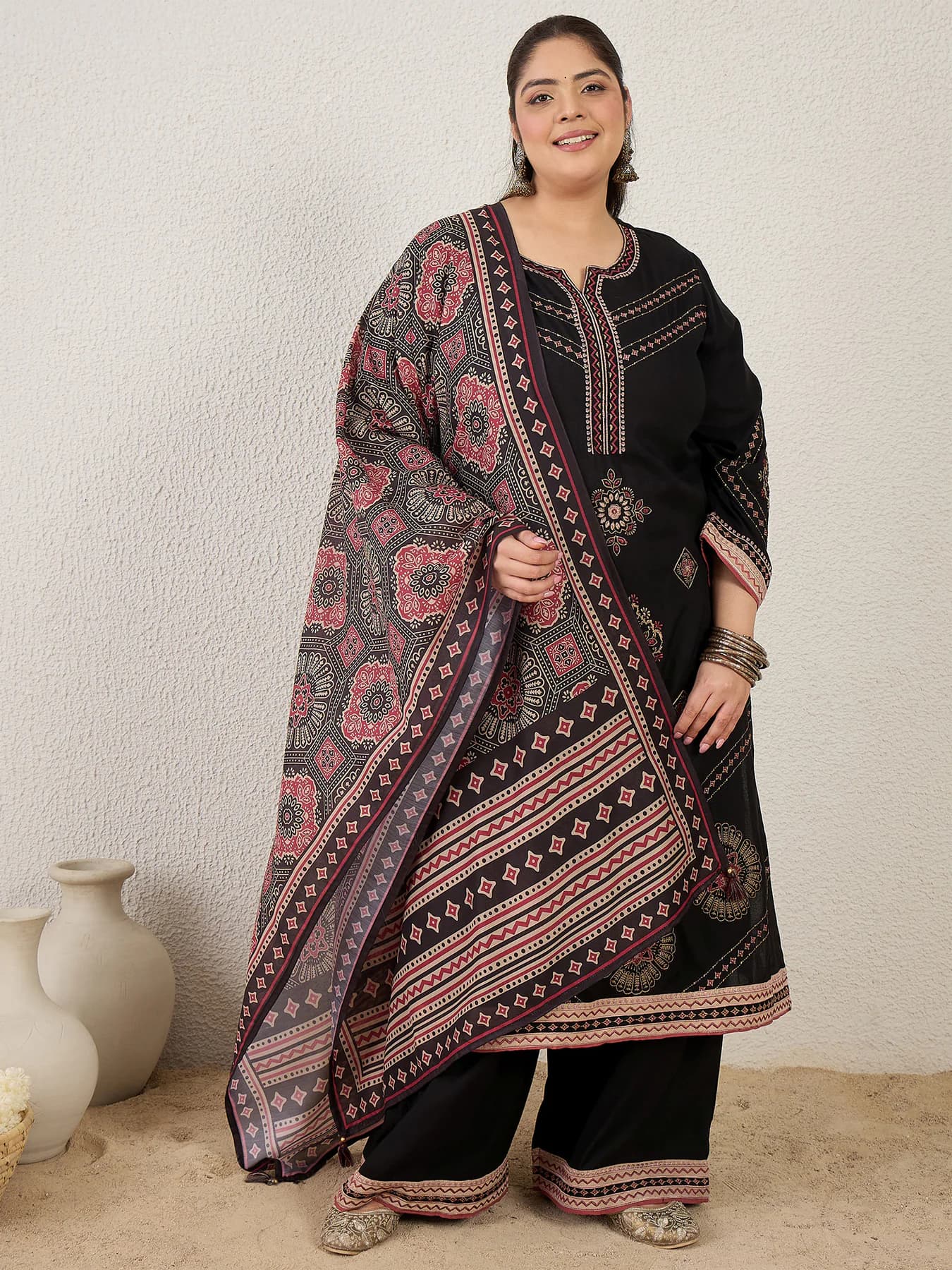 Women's Black Embroidered Straight Kurta Palazzo with Dupatta Set