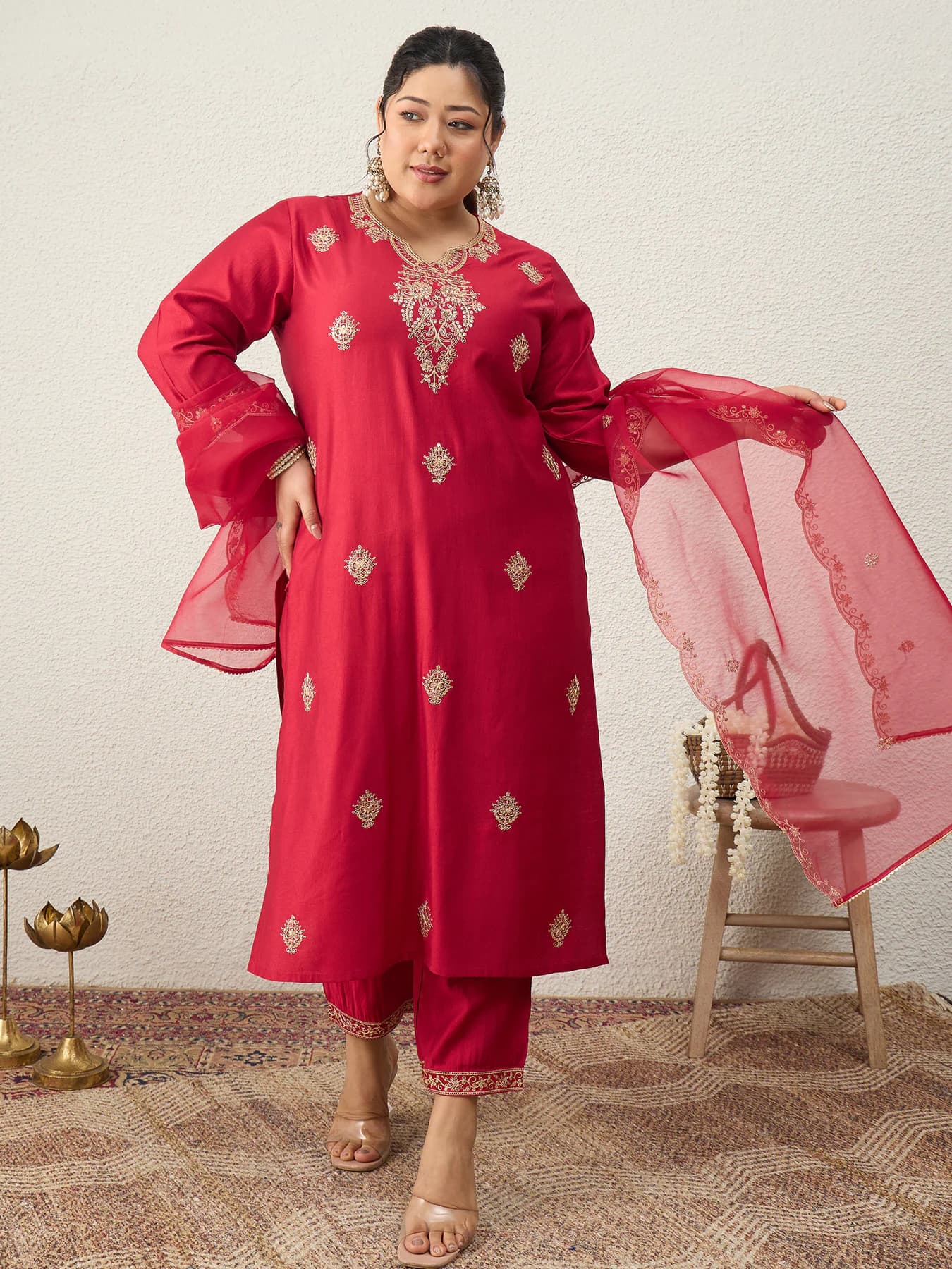 Women's Red Embroidered Straight Kurta Trouser with Dupatta Set