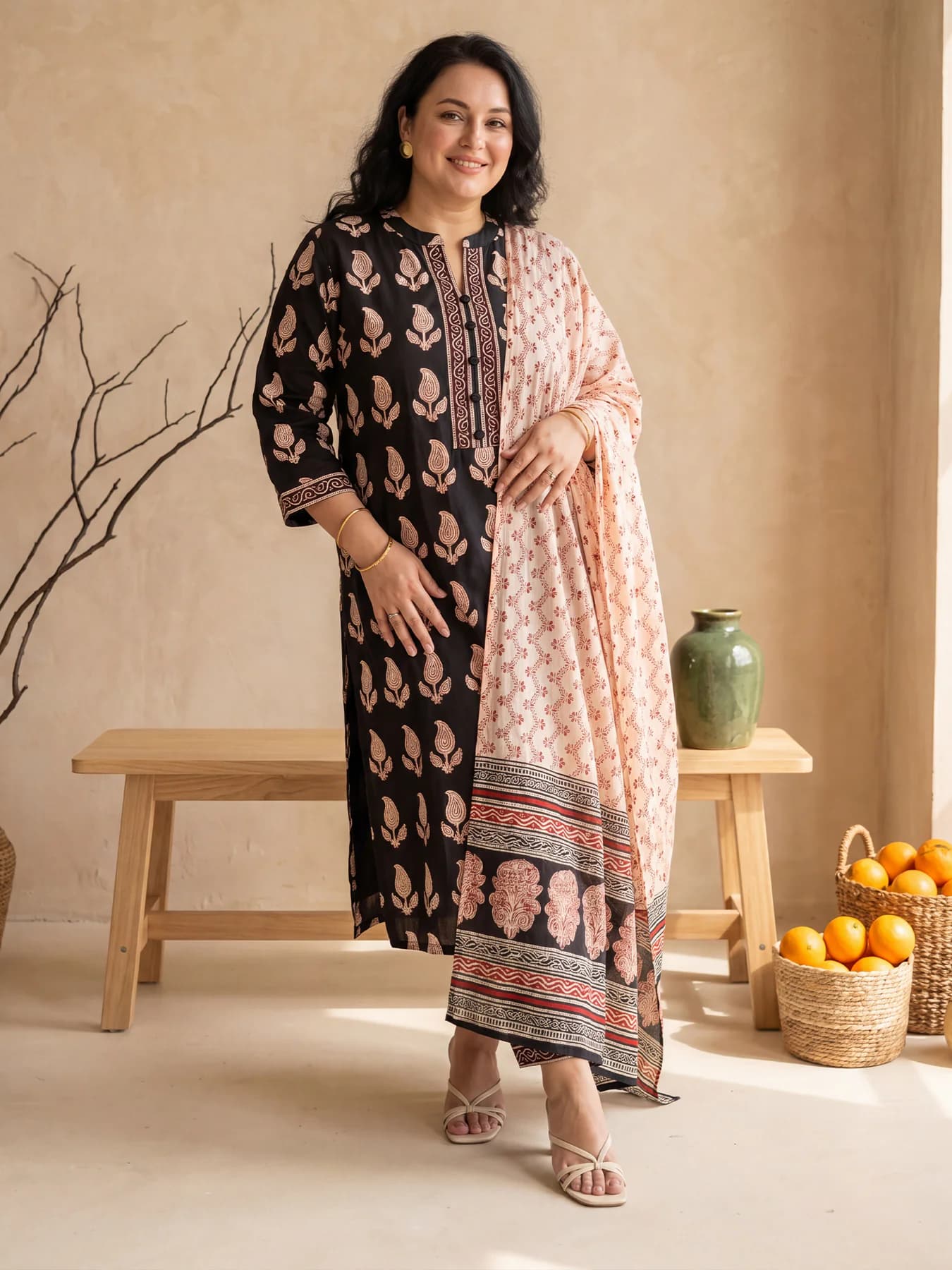 Women's Black Printed Straight Kurta Trouser with Dupatta Set