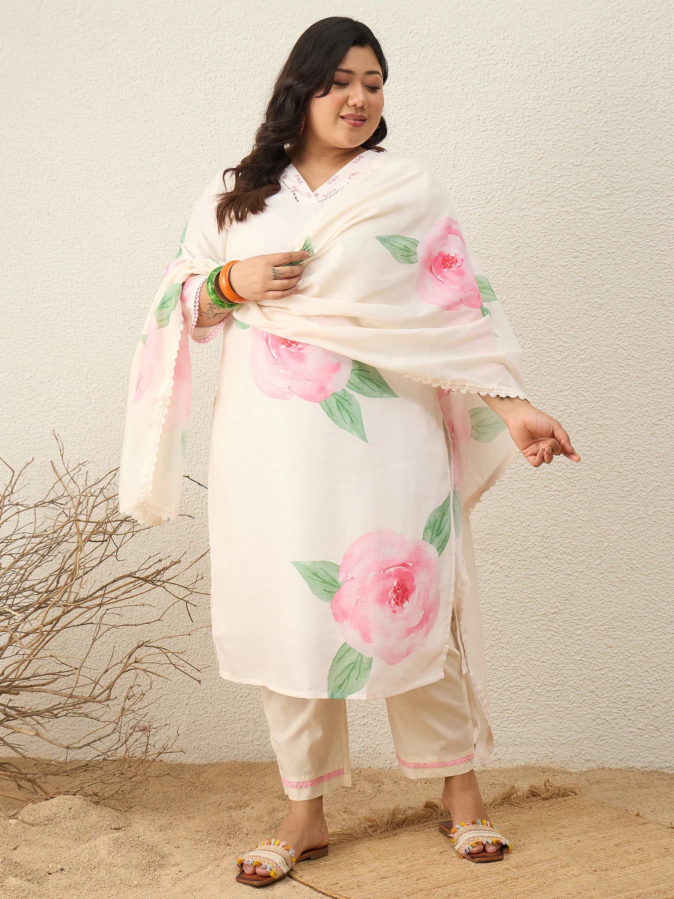Women's Off White Printed Straight Kurta Trouser with Dupatta Set