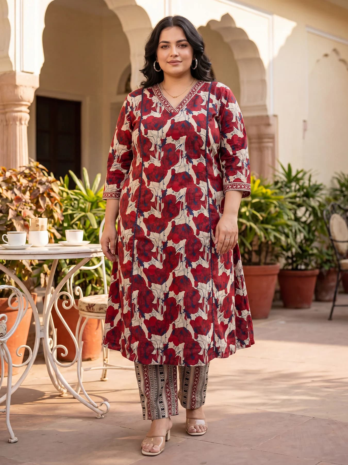 Women's Red Printed A-Line Kurta Trouser Set