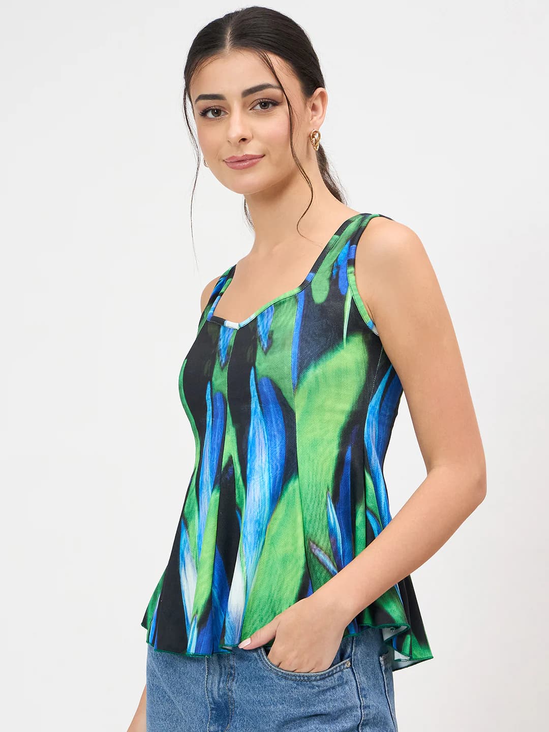 Women's Green Casual Stretchable Panelled Peplum Top