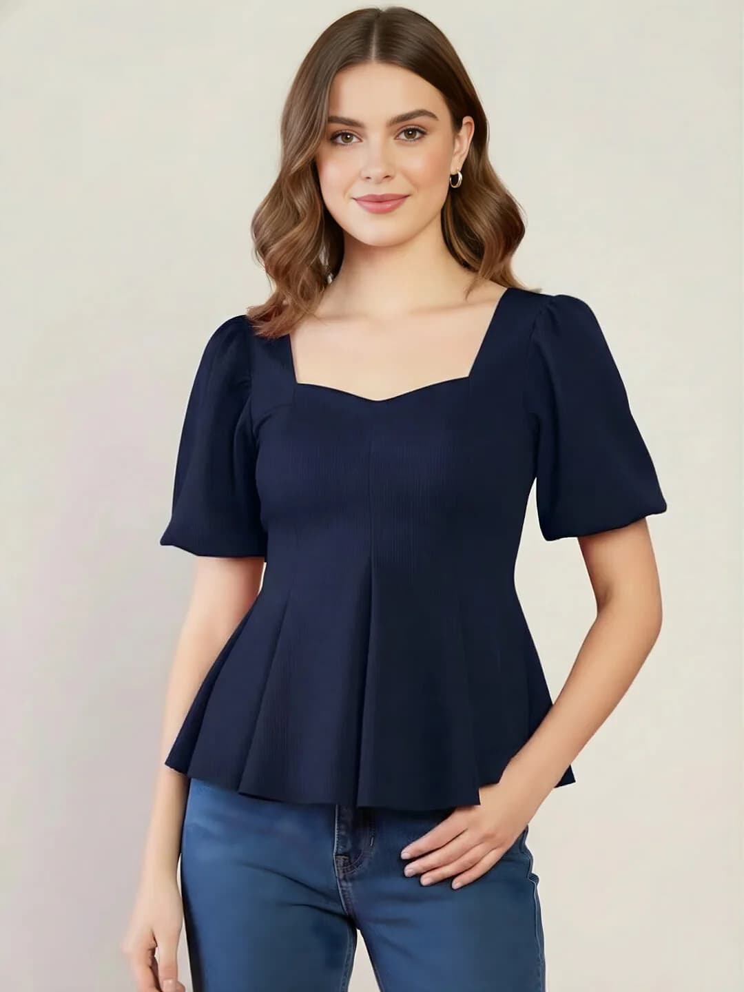 Women's Navy Casual Stretchable Puff Sleeves Peplum Top