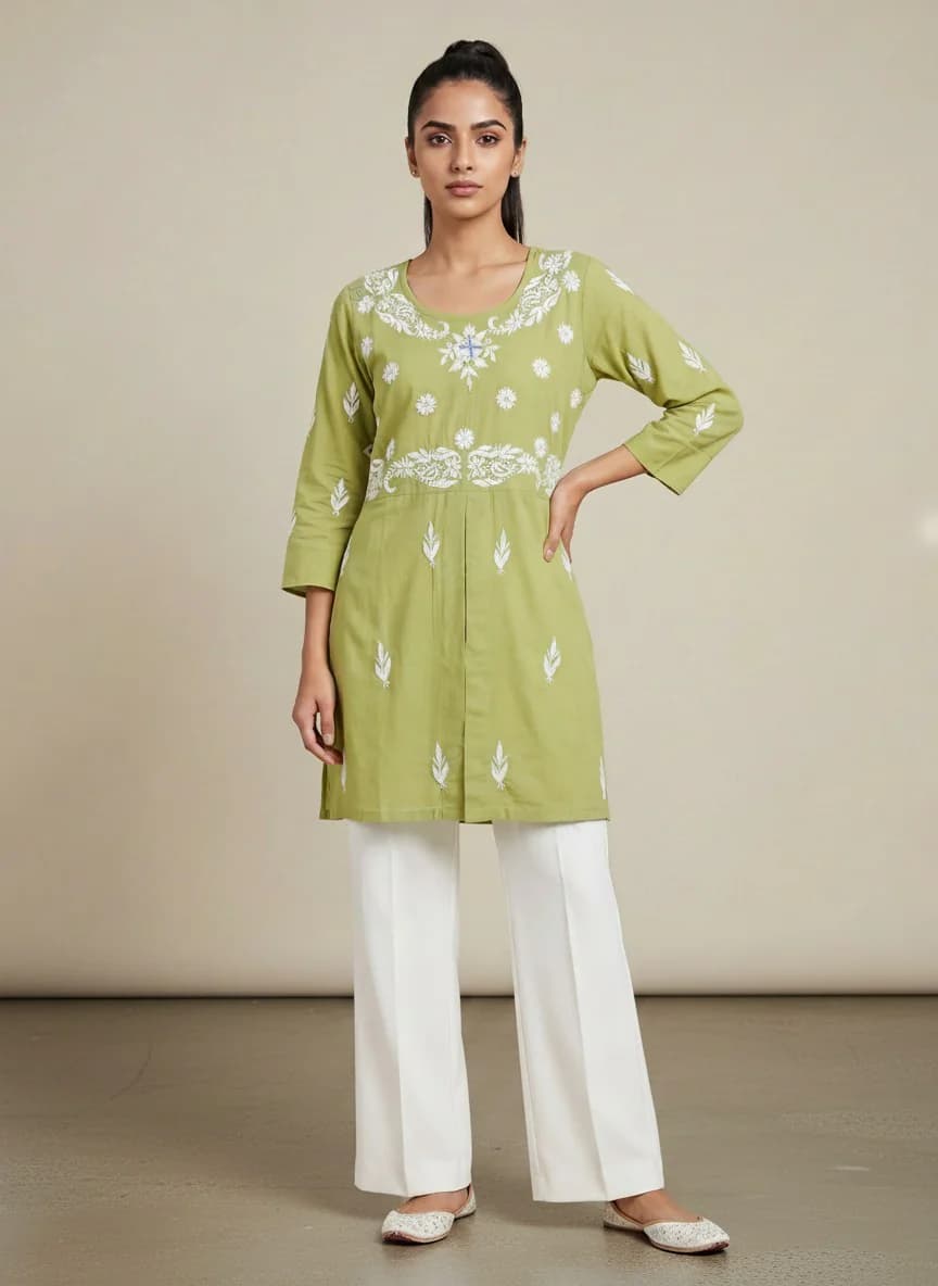 Women's Green Casual Regular Fit Embroidered Chikankari Kurta