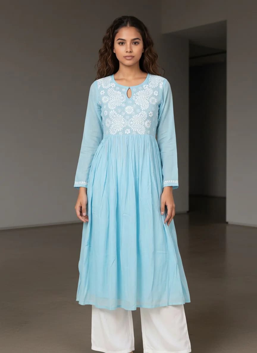 Women's Blue Casual Regular Fit Embroidered Chikankari Kurta