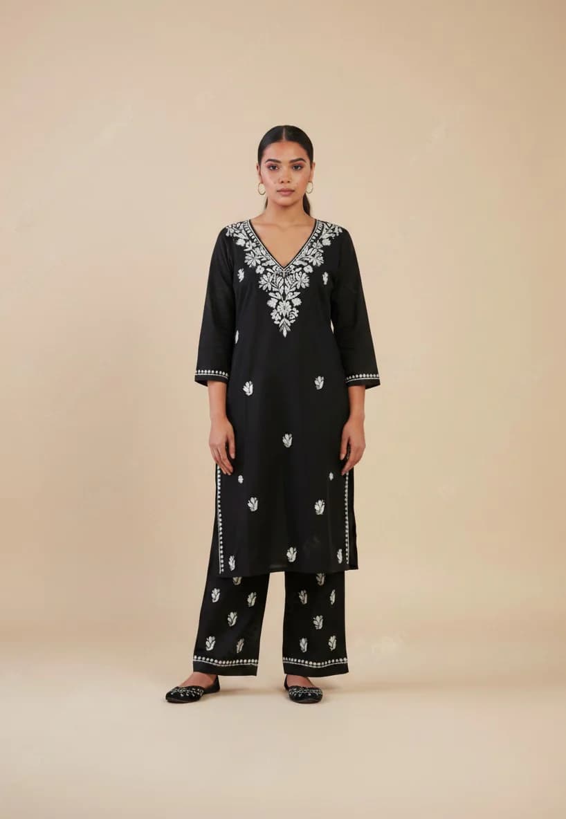 Women's Black Party Embroidered Chikankari Kurta Set