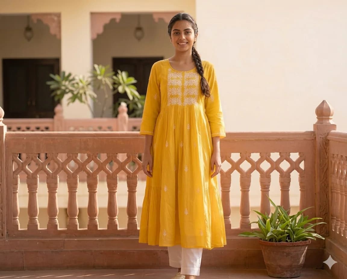 Women's Yellow Party Embroidered Chikankari Kurta Set