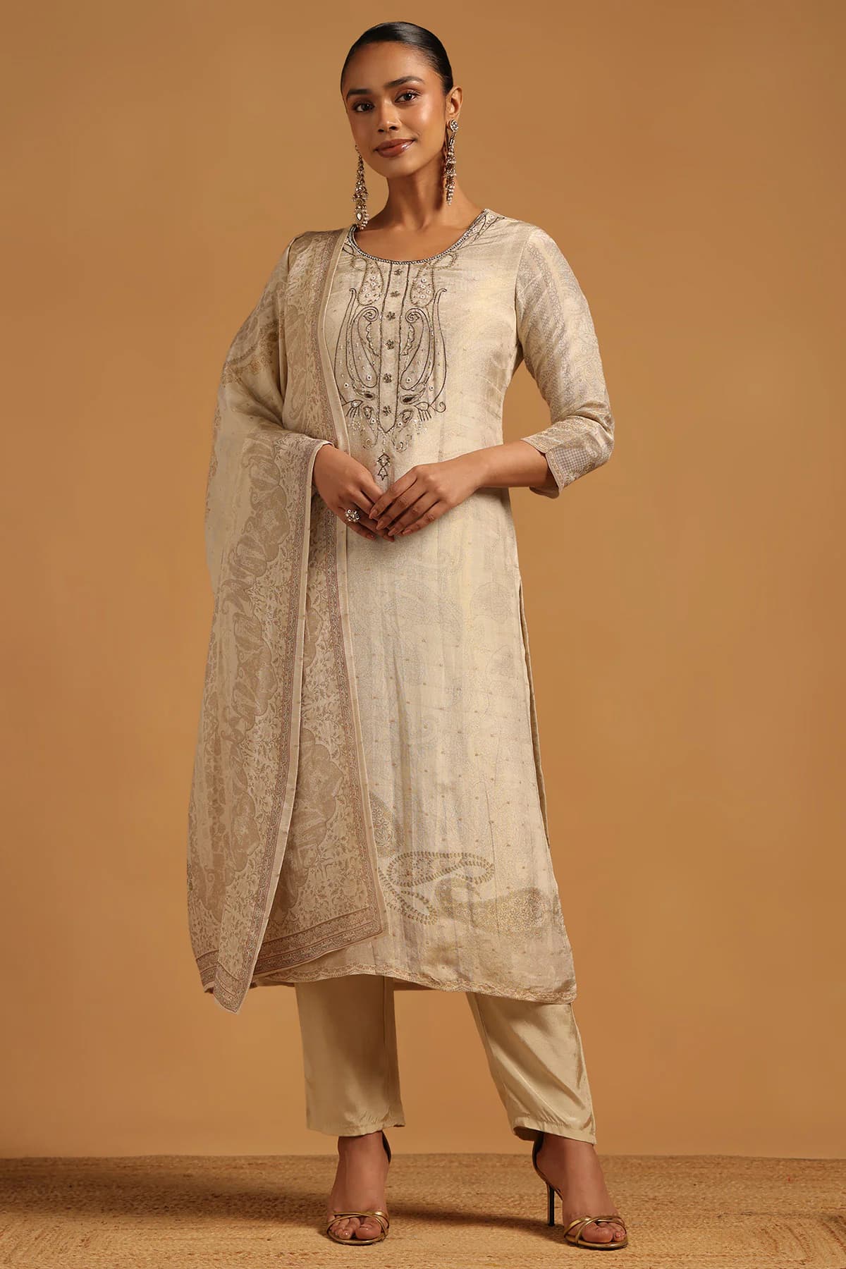 Women's Beige Festive Embroidered Salwar Suit With Dupatta