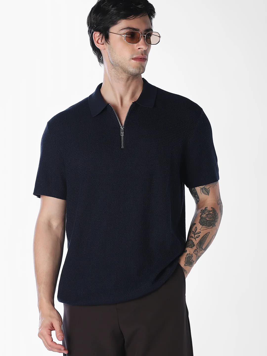 Men's Navy Blue Short Sleeved Textured Knit Polo Tshirt