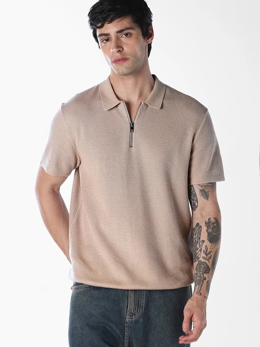 Men's Beige Short Sleeved Textured Knit Polo Tshirt