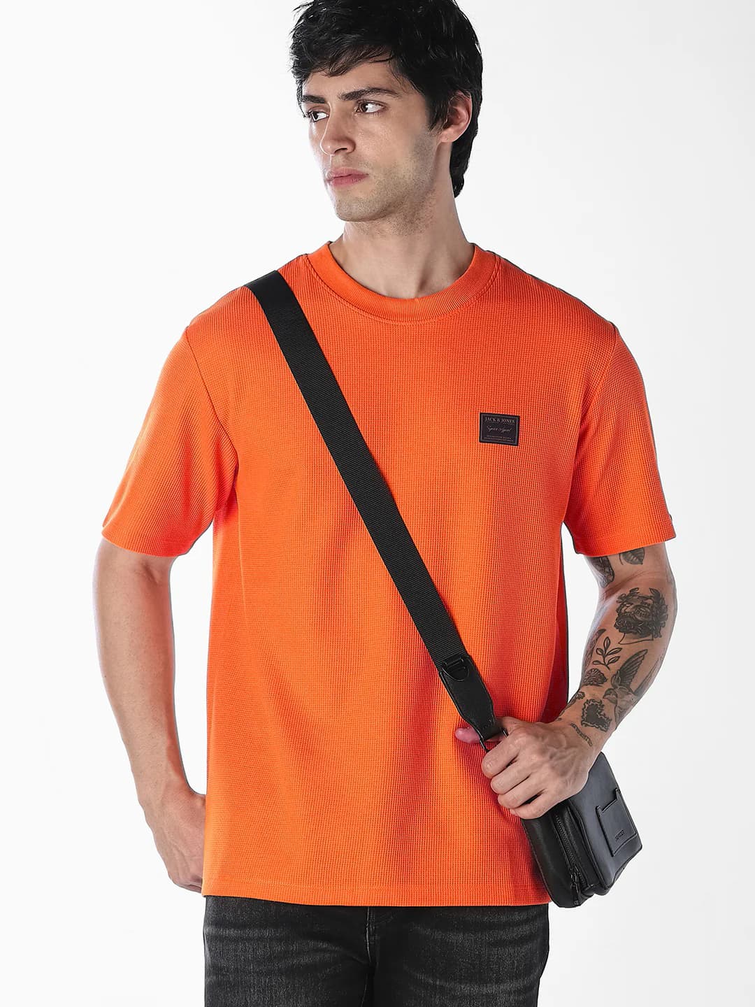 Men's Orange Chest Patch Crew Neck T-shirt
